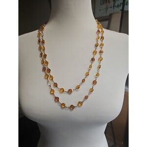 Vtg Bezel Set Amber Honey Large Crystal Gold Tone Necklace 13"  2 Stones Missing